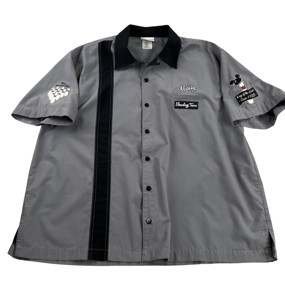 Disney Mickey Mouse Bowling Shirt XL Grey Men King Pins Embroidered Retro Patch